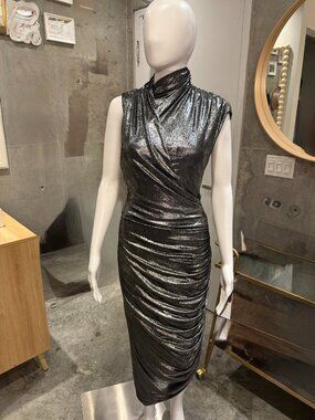 MISHA Chase Dress Metallic Silver Ruched High Neck Midi Cocktail